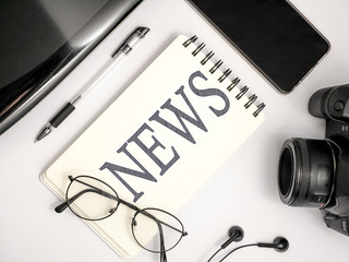 News Journalist Concept, Top View Flat Layout Working Desk