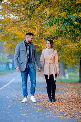 Fototapeta premium young couple in autumn season alley. Fall season