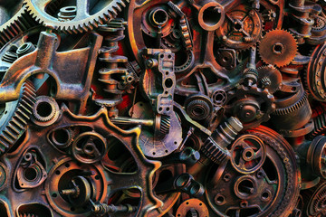 Steampunk background, machine parts, large gears and chains from machines and tractors.