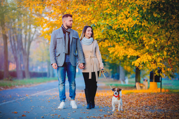 Fototapeta premium Young couple with dog at autumn season alley.