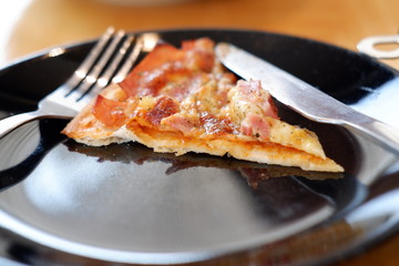 pizza on wooden table