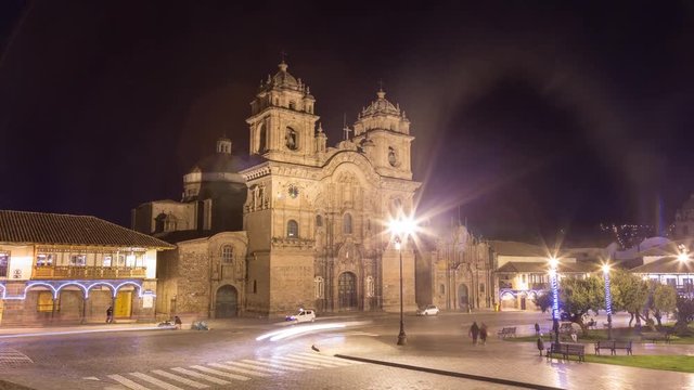 Timelapse hyperlapse of Cuzco Cathedral in Peru at night