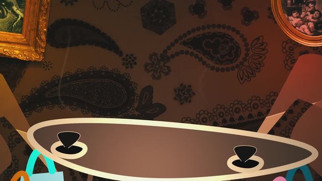 Two women chatting on coffee after shopping. Animation Art Decco style. Dolly camera point and empty space for your title.