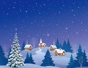 Christmas eve country, cartoon landscape