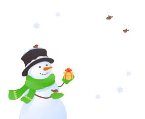 Snowman and birds on a white background