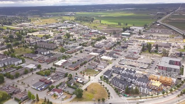 Aerial Drone Wide Angle View of Cloverdale, Surrey, BC, Canada. The Entire Downtown Area Can be Seen From Above