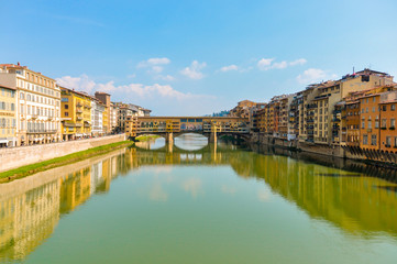 Panoramic photo of the most famous bridge in Florence, Italy. Ponte Vecchio in Florence.
