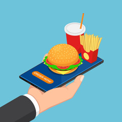 Isometric businessman hand holding smartphone with fast food