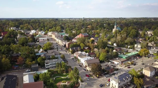 Elora, Ontario, Canada 2017 Aerial Drone 4k Footage Pan of the City Center