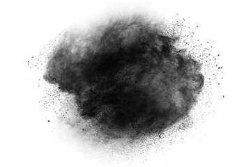 abstract powder splatted background. Black powder explosion on white background. 
