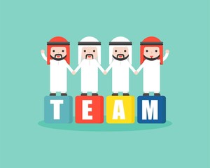 Arab Business people standing on block and holding hand, teamwork concept