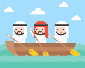 Arab Businessman team rowing boat in sea wave © lukpedclub
