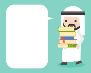 Arab Businessman carrying stack of books and blank speech bubble for use as template of poster, banner, ready to use character