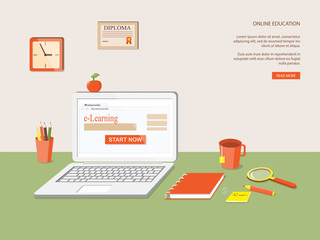 workplace with e-learning isometric content