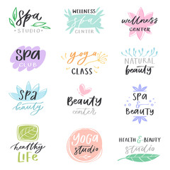 Spa lettering vector beauty calligraphic logotype design with flower sign or leaf symbol illustration handwritten set of floral health care isolated on white background