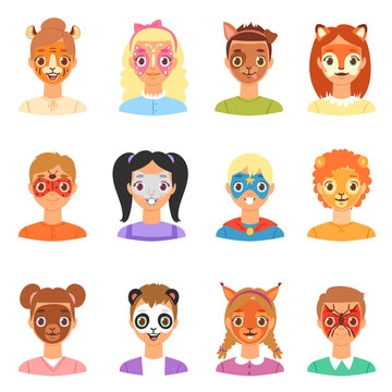 Face paint kids vector children portrait with facial painted makeup and girl or boy character with colorful animalistic facepaint cat dog for party illustration set isolated on white background