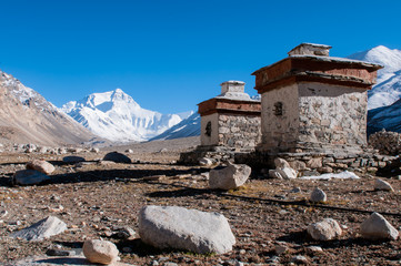 Mt. Everest with Tibetan monastery in the foreground