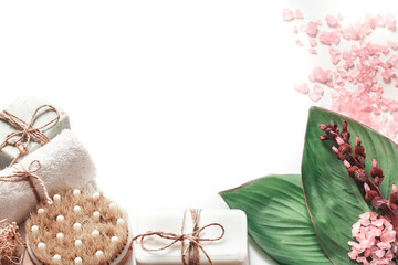 organic spa products on white background, place for text