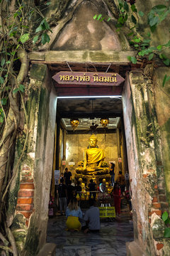 Buddha statue in the old temple, Temple covered with Banyan Tree roots at Wat Bang Kung temple, Samut Songkhram, Thailand