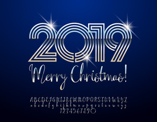 Vector luxury Greeting Card Merry Christmas 2019. Chic Royal set of Alphabet Letters, Numbers and Symbols. Stylish Silver Font.