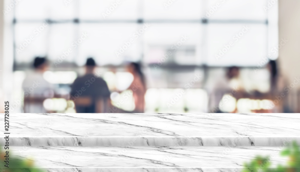 Poster empty step marble table top food stand with blur people in coffee shop background bokeh light and le