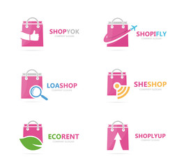 Set of shop logo combination. Deal and retail symbol or icon. Unique sale and bag logotype design template.