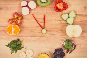 Clock made of fruits and vegetables showing time for healthy eating