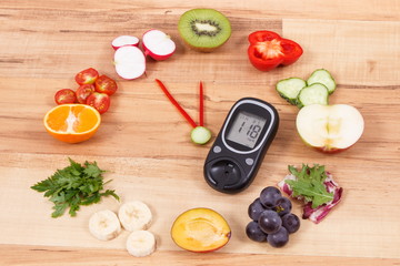 Glucometer with fruits and vegetables showing time of 23 hours 55 minutes, healthy eating for diabetics in new year concept
