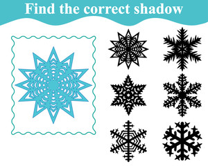 Educational game for preschool children. Find the silhouette of snowflake. Vector illustration.