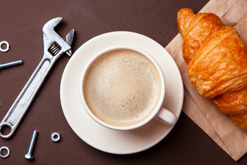 Coffee break, morning coffee. Repair service concept. Technical support. Different tools wrench