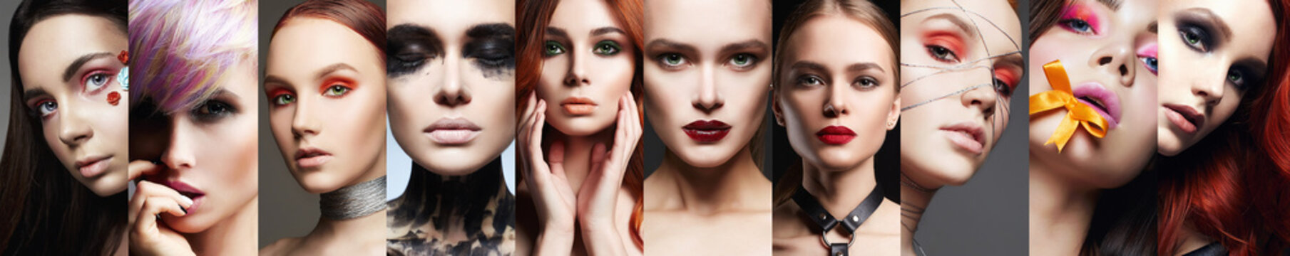beauty collage. women. Makeup beautiful girls mosaic