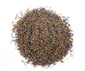 Dried lavender herb bud flower tea pile on white background