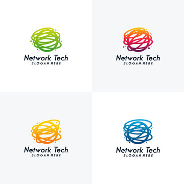 Set of Network Tech logo designs concept vector, World Tech logo symbol vector