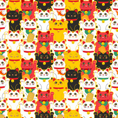 Maneki-neko cat. Seamless pattern with sitting hand drawn lucky cats. Japanese culture. Doodle drawing. Vector illustration - swatch inside