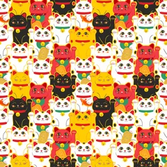 Papier Peint photo Pour elle Chat Maneki-neko. Modèle sans couture avec assis chats chanceux dessinés à la main. Culture japonaise. Dessin de griffonnage. Illustration vectorielle - échantillon à l& 39 intérieur