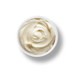 cup of mayonnaise isolated on white, view from above