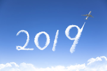Naklejka na ściany i meble happy new year 2019 concept.drawing by airplane in sky