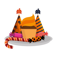 dish with sweet candies and hats