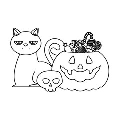 happy halloween pumpkin with candies and cat
