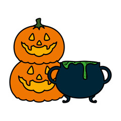 happy halloween pumpkins and cauldron