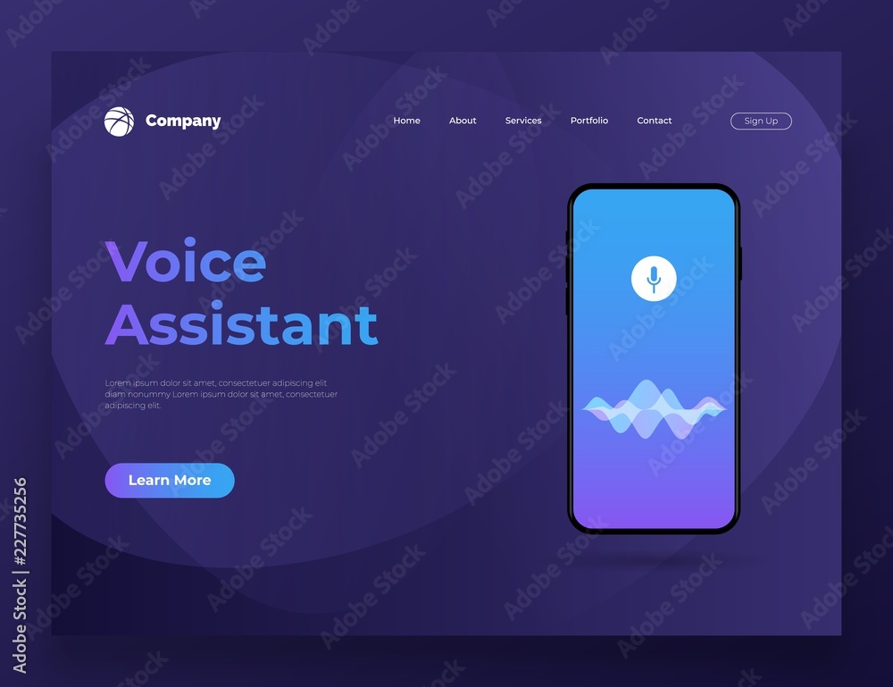 Poster vector illustration personal assistant and voice recognition on mobile app. for website and mobile w