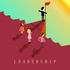 Businessmen standing on top of cliff ,Res flag on dangerous way with sunlight,Leadership concept,Vector.