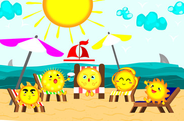 Cute sun sunbathing at Beautiful beach,relaxing time,summer concept,vector