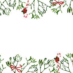Watercolor Christmas illustration with mistletoe and red candy cane. Use it for wrapping paper, card or textile design. Hand drawn mistletoe twigs. Winter holiday window decor.