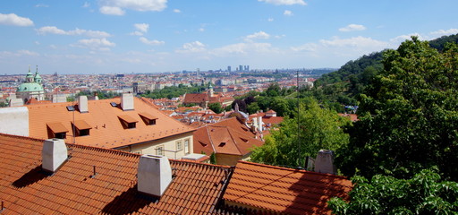 Krajobraz zabytkowej Pragi z okolic wzgórza Petrzyn oraz Hradczan, w oddali widoczne wieżowce czeskiego centrum biznesowego - obrazy, fototapety, plakaty