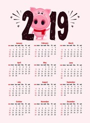 Vector 2019 calendar with cute pig. Happy new year