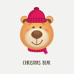 Christmas card with teddy bear face. Christmas bear