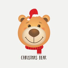 Christmas card with teddy bear face. Christmas bear