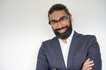 Hipster style businessman standing on white background
