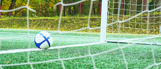 A soccer ball lies near white goal line markings on a green football field. Sport background.